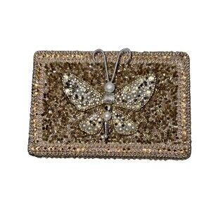 Vintage Jewelry Storage Box Cream beaded, pearl accent With Insert And Mirror